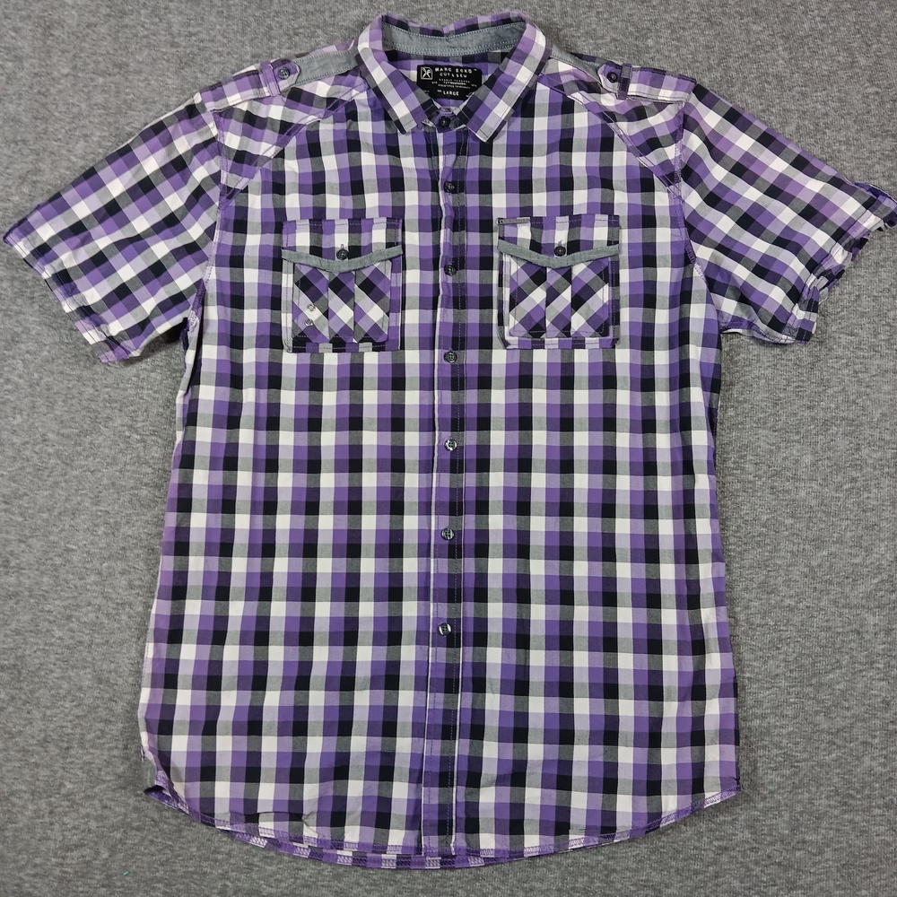 Marc Ecko Shirt Mens Large Purple Plaid Short Sleeve Button Up Cotton Pockets